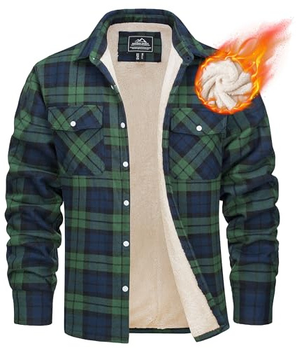 MAGCOMSEN Veste Chemises Polaire à Carreaux pour Hommes, Manteau d'Hiver Thermique Chaud en Flanelle pour l'Extérieur, le Travail Décontracté, à Doublure Sherpa Boutonné Devant, Vert, XL