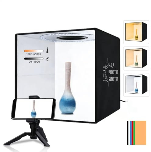 H&A PHOTO SHOTO Kit de boîte lumineuse portable pour photographie 40 cm x 40 cm avec lumières LED réglables et 6 toiles de fond