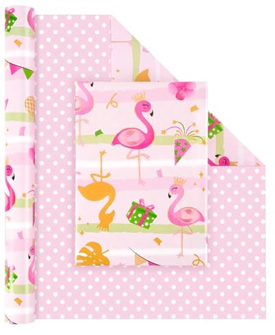 WERNNSAI Flamingo Geschenkpapier – 1 Rolle Einschulungg Geschenkpapier Geburtstag Kinder Mädchen Rosa Schulanfan Geschenk Verpackung Pink Dekorationen Geschenkpapierrolle mit Schnittlinie 43cm x 10m