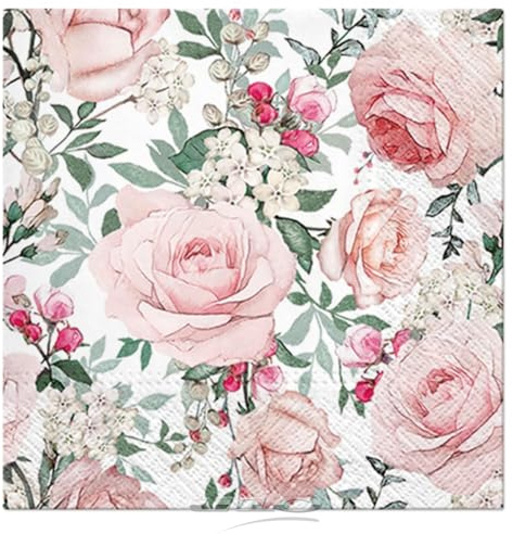 MACOSA U6SEI247_x2 Papier-Servietten Set 40 Stk. 25 x 25 cm Rosen Motiv Grün Rosa Tisch-Deko Einwegservietten Cocktailservietten Partyservietten Einweg Blumen Muster (25 x 25 cm)