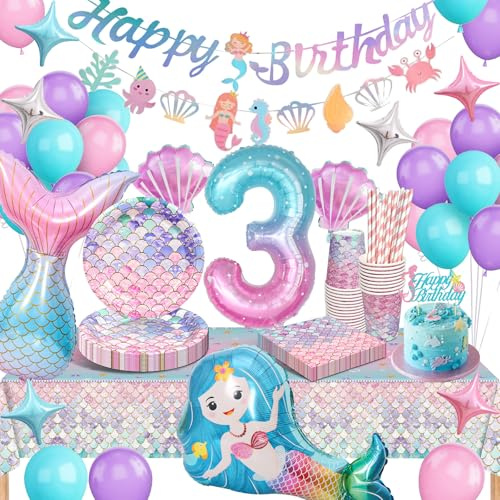 Sirena Vajilla y Decoraciones para Fiesta de Cumpleaños - 3 Años - Juego de Vajilla, Globos Decorativos para Niña - 16 Invitados