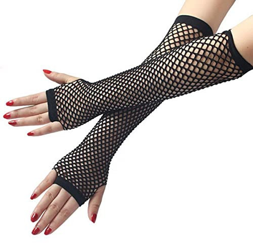 Elegance-go Lange Fischnetz Handschuhe,Netzhandschuhe lang in Schwarz Schwarze Netzhandschuhe für Damen Fingerlose Netzhandschuhe für 80er Kostümabend Partyzubehör（schwarz）