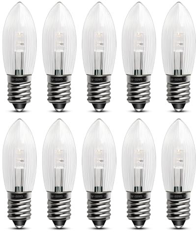 Akynite E10 0.2W LED Ersatzlampen für Schwibbogen, AC 10-55V Glühbirnen Topkerze Riffelkerze Warmweiß 2200K Dimmbar für Lichterkette, E10 LED Kerzen Klar für Lichterbogen Pyramide, 10er-Pack