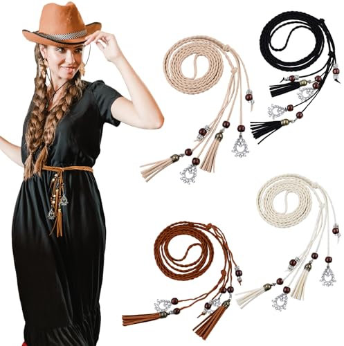 Scettar 4 Stück Quasten Gürtel Etwa 175cm Flechtgürtel Damen Taillengürtel Damen Bindegürtel Damen Gürtel Damen Schmal Passend für Kleider, Röcke, Jeans usw（Schwarz,Kaffee,Khaki,Beige）