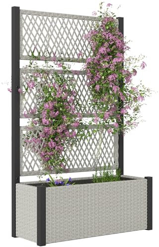 Outsunny Garden Planter Box with Trellis, Liner, Rattan Raised Bed, Trough Planter with Topped Trellis for Climbing Plants, Vegetables, Flowers, 90 x 35 x 148 cm, Mixed-grey