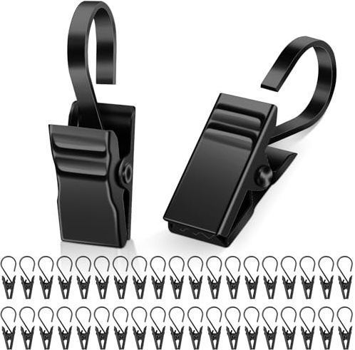Caianwin 50 pinzas de acero inoxidable para cortinas, ganchos de metal negro para cortinas, cortina de ducha, fotos, cadenas de luz, anillos de cortina con clipper