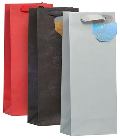 UK Greetings | Multipack of 3 Bottle Bags for Him/Her/Friend | Christmas Gifts | New Year | Red, Silver & Black Design | 13.3 x 32.7 x 8.3 cm