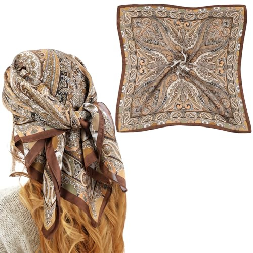 Matwsec 27.5 Inches Brown Bandana Scarfs Brown Scarf Silk Head Scarf for Women Satin Bandana for Women Hair