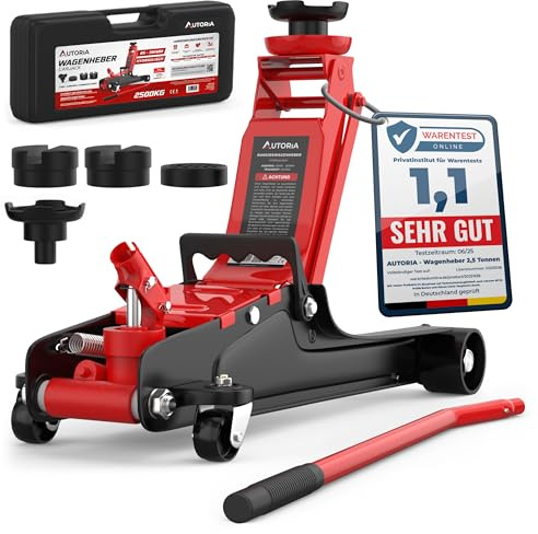 Wagenheber 2,5T extra flach – Hydraulischer Rangierwagenheber mit Transportkoffer, 3 Gummiauflagen & Adapter – Auto Wagenheber für PKW bis 2.500 kg (Rot)