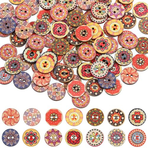 100 PCS Mixed Pattern Vintage Wooden Buttons, Sewing Buttons 15mm Assorted Flower Button with 2 Holes, Round Wood Button for Sewing DIY Crafts