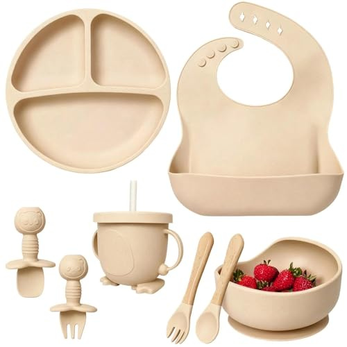 HUANR 8 Pièces Set Repas, Vaisselle Antiderapant Set Comprend des Ventouses, un Bavoir en Silicone, Coffret Repas, Adapté aux Familles, aux Jardins au Camping