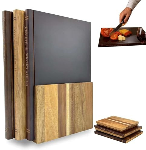Taglieri da cucina, set 3, design elegante ispirato ai libri per la, in legno massello di alta qualità, supporto salvaspazio, ideale per preparazione dei cibi, regalo