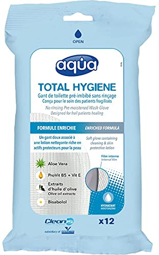 Cleanis Aqua Wash Reusable Gloves - Medical Grade Pre-Moistened Cleansing Wipes - No Water, Soap, Rinsing or Drying Necessary – All Skin Types – Hypoallergenic - Pack of 12 Gloves
