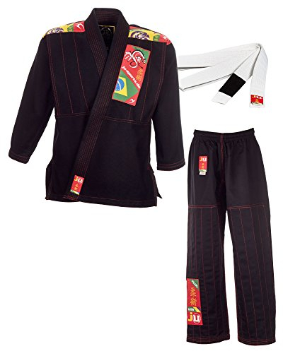 Ju-Sports BJJ Anzug Kids Schwarz 130 I Leichter, schlanker Brazilian Jujutsu Anzug speziell für Kinder I BJJ Gi im bunten Design I Inkl. weißem Gurt I 100% Baumwolle