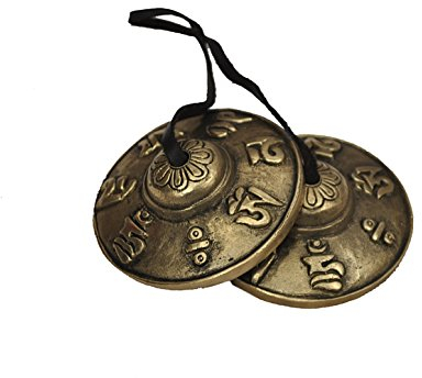 PARIJAT HANDICRAFT - Platillos tibetanos Tingsha - 6,2 cm - Bronce - Símbolos OM Mane Padme Hum en relieve