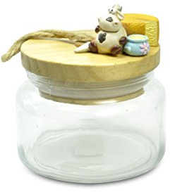 Formaggera Mucca Alice, Barattolo in Vetro 400 ml con Tappo e Cucchiaino in Legno, 10x10x11 cm