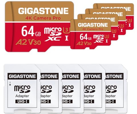 Gigastone 64GB Memory Card Pack of 5 Cards 4K Pro Camera Compatible with GoPro Switch Speed 95MB/s A2 U3 V30 Micro SDXC Card with SD Adapter