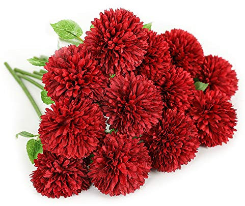 Floweroyal Künstliche Hortensienblüten 12St Seiden Chrysanthemen Kugelblumen Braut Hochzeitsstrauß für Zuhause Garten Party Sekretariat Kaffee Haus Dekorationen (Rot).