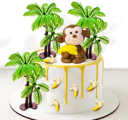 11 PCS Monkey Cake Topper with Coconut Trees Banana Cake Decoration for Jungle Safari Animal Themed Birthday Baby Shower Party Supplies