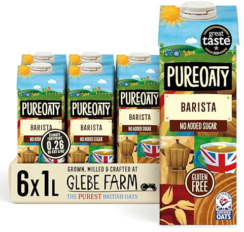 Glebe Farm Gluten Free PureOaty, Barista Grade, No Sugar, Dairy Free Coffee Creamer & High Protein Vegan Milk, Made With 100% British Oats, Plant Drink, 6 x 1 Litre