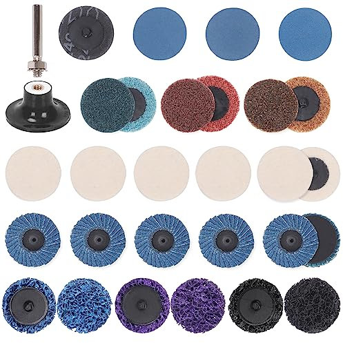 Glarks 30Pcs Sanding Discs Assortment Kit, 2 Inch Quick Change Discs, Black, Purple, Blue, Aluminum Oxide, Zirconium Oxide, Wool, Poly, Compatible with Die Grinder, Surface Rust Removal