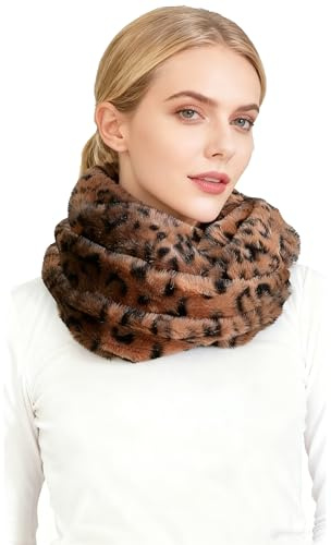 Lina & Lily Leopard Animal Print Women's Winter Infinity Scarf Double Loop Faux Fur (Leopard Brown Black)