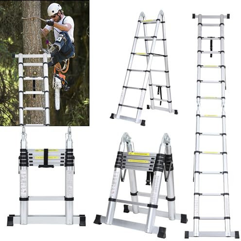 Fiqops Scala telescopica 3,8 m (1,9 + 1,9) in alluminio antiscivolo, portata 150 kg/330 libbre, scala allungabile in alluminio con maniglia, scala multiuso