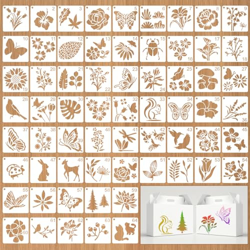 JSRQT 64 Piezas Plantillas Pequeñas para Pintar, Plantillas Dibujo Pintura Reutilizables de Plástico, Tema de Naturaleza Flores Mariposas Pájaros Stencil para DIY Scrapbook Madera Muro, 3’’