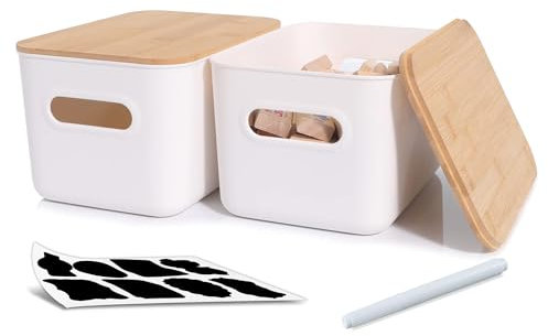 Citylife 2Pack 6.5L Storage Box with Wood Lid, Plastic Storage Containers for Bathroom, Stackable Organizing Box with Handle for Shelves, Kitchen, White, 25.7 x 17.7 x 15.5 cm