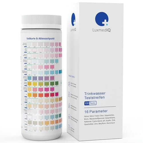 100x LuxmedIQ 16-in-1 Wassertester Trinkwasser - Trinkwasser Teststreifen zur einfachen Prüfung der Wasserqualität - Leitungswasser selbst Testen auf pH, Chlor, Kupfer, Quecksilber, Gesamthärte & mehr