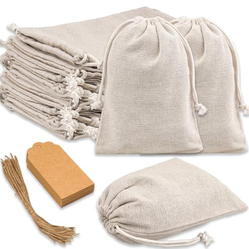 rietegio 30 Stücke Baumwollsäckchen mit Kordelzug und 30 Stück Geschenkanhänger 13x18cm Stoffbeutel Klein Unbedruckt Stoffsäckchen zum Befüllen für Schmuck Hochzeit Party DIY Handwerk Weihnachten