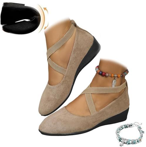 Women's Crisscross Strap Wedge Shoes,Womens Round Toe Ballet Wedge Dress Shoe Elegant Suede Comfy Slip-On Shoes (Khaki,5)