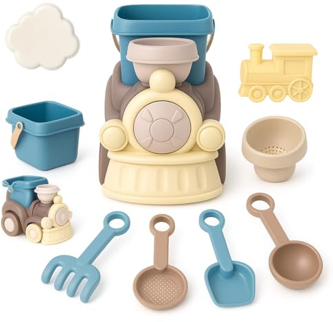 Toyana Kids 2in1 Toy Train & Beach Bucket Set with Sand Pit Tools Shovel, Rake, Moulds, Outdoor Summer Sandcastle Playset, Garden Fun Water Activity Play Set Toy for Children Ages 3+ Years