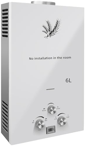 PEIXU 6L 12KW Calentador de Agua de Gas GLP Butano y Propano Calentador de Agua Calentador de Agua LPG Instantáneo Portátil,Modos de Invierno y Verano,Blanco,para Ducha Al Aire Libre,Baño,Camping