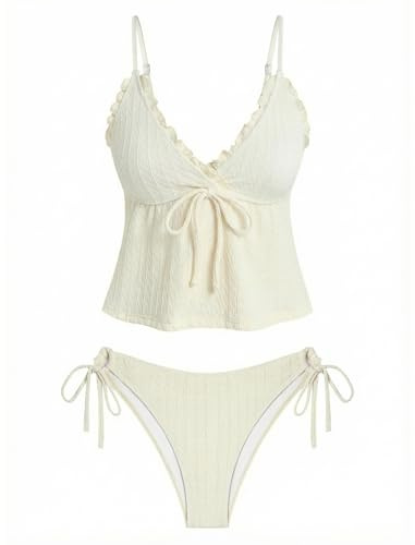 ZAFUL Tankini Swimsuits for Women V Neck Textured Knot Tie Ruffle Trim Bikini Swimsuit Tie Side 2 Pieces Bathing Suit (1-Off White, S)