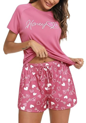 Bresdk Pijama Mujer Verano Algodón Conjunto de Pijamas con Camiseta Manga Corta y Pantalón Corto Corazones Estampado Ropa de Dormir de Dos Piezas Cómodo y Suave Rosa S
