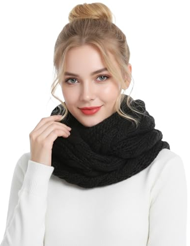 Barelove Women Thick Cable Knit Ribbed Infinity Circle Loop Scarf Winter Cold Weather Warm Scarves (Black)