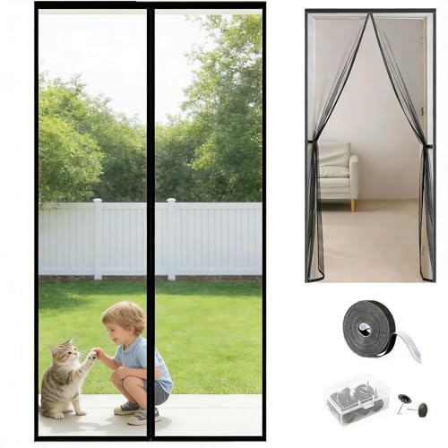 Wsobue Magnetic Screen Door Curtain 90X210CM, Heavy Duty Self Closing Fiberglass Mosquito Net with Magnet for Doors, Fly Curtain Pet Friendly, Screen Door Mesh for Living Room Kitchen Patio