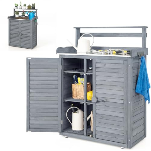 HOMASIS Pflanztisch aus Holz, Gartentisch mit Schrank & Arbeitsplatte, Arbeitstisch mit abnehmbarem Regal & 3 Haken, Blumentisch Outdoor wetterfest, für Terrasse Garten Balkon, 87x45x120cm (Grau)