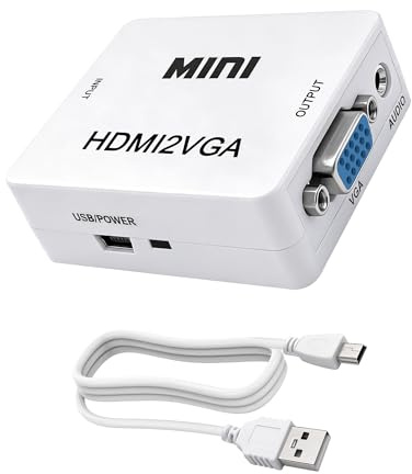 MEIRIYFA Adaptador HDMI a VGA, adaptador unidireccional HDMI a VGA con audio de 3,5 mm y cable de alimentación mini USB para ordenador, escritorio, portátil, PC, HDTV, monitor, proyector y más (blanco