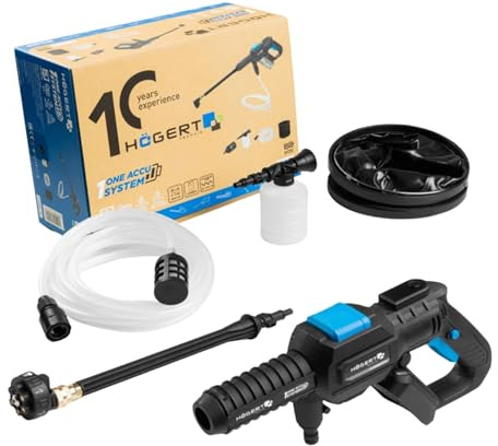 HÖGERT TECHNIK 18 V trådlös batteridriven högtryckstvätt, bärbar rengöring med sugslang, skumkastare och justerbart spjut, rengöring för trädgård, cykel och utomhus