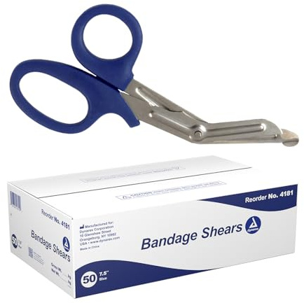 Dynarex Bandage Scissors - 7.5 Trauma Shears for Nurses, EMT - Serrated Stainless Steel Blades, Box of 50 Pieces (Blue)