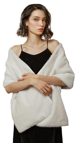 BEAUTELICATE Faux Fur Shawl Wrap Winter Wedding Shrug Bridal Bridesmaid Stole Scarf Women’s Warm Cover Up(One size, Ivory)