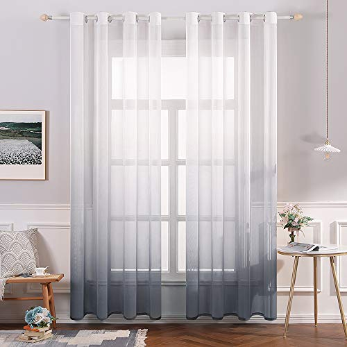 MIULEE Gardinen Transparent Vorhänge Farbverlauf Voile Sheer 2er Set Vorhang mit Ösen Dekoschal Fensterschal für Schlafzimmer und Wohnzimmer 145 cm x 140 cm(H x B) Weiß Grau