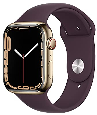 Apple Watch Series 7 (GPS + Cellulaire, 45MM) Boîtier en Acier Inoxydable Or avec Bracelet Sport Cerise Noir (Reconditionné)