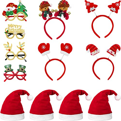OPUHOHR 12PCS Christmas Headbands and Glasses Frames Christmas Hat Set, Xmas Party Supplies Decoration, Photo Booth Props, Party Gifts