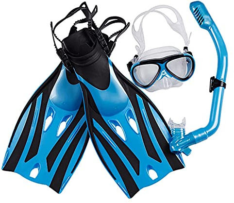 ATAAY Snorkel Set Adultes, Équipement de Snorkeling avec Masque de Snorkel Panoramique, Kit de Palmes de Snorkel Réglables, Natation Plongée Snorkeling Set,Blue,S/M