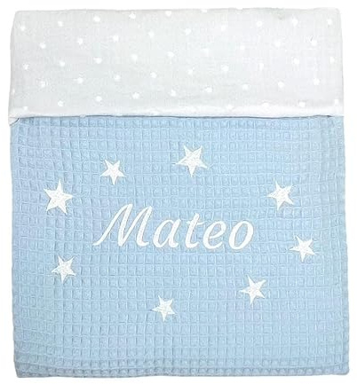 CARREDANA Manta Personalizada de bebé-Arrullo para Verano.Regalo Recien Nacido.Mantas Infantiles. Multiusos (Plumeti+waffleazul)