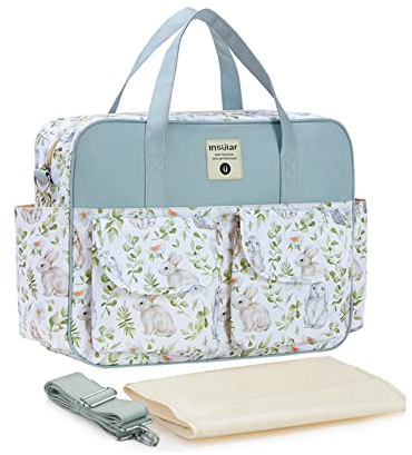 SONARIN Stilvolle Große Kapazität Baby Wickeltasche,Wasserdicht Tragbare Reise Wickeltasche Umhängetasche Tragetasche Henkeltaschen Babytasche mit Schultergurte & Wickelunterlage(Kaninchen)