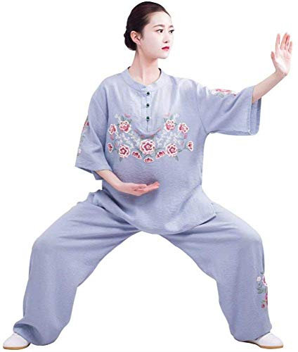 Tai Chi kostymkläder dam bomull och linne Sommar Tai Chi träningskläder Linne Kampsportskläder,Rosa-M (Blå L)